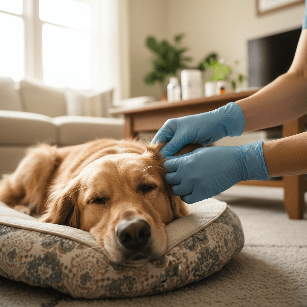 Veterinarian examining pet at home