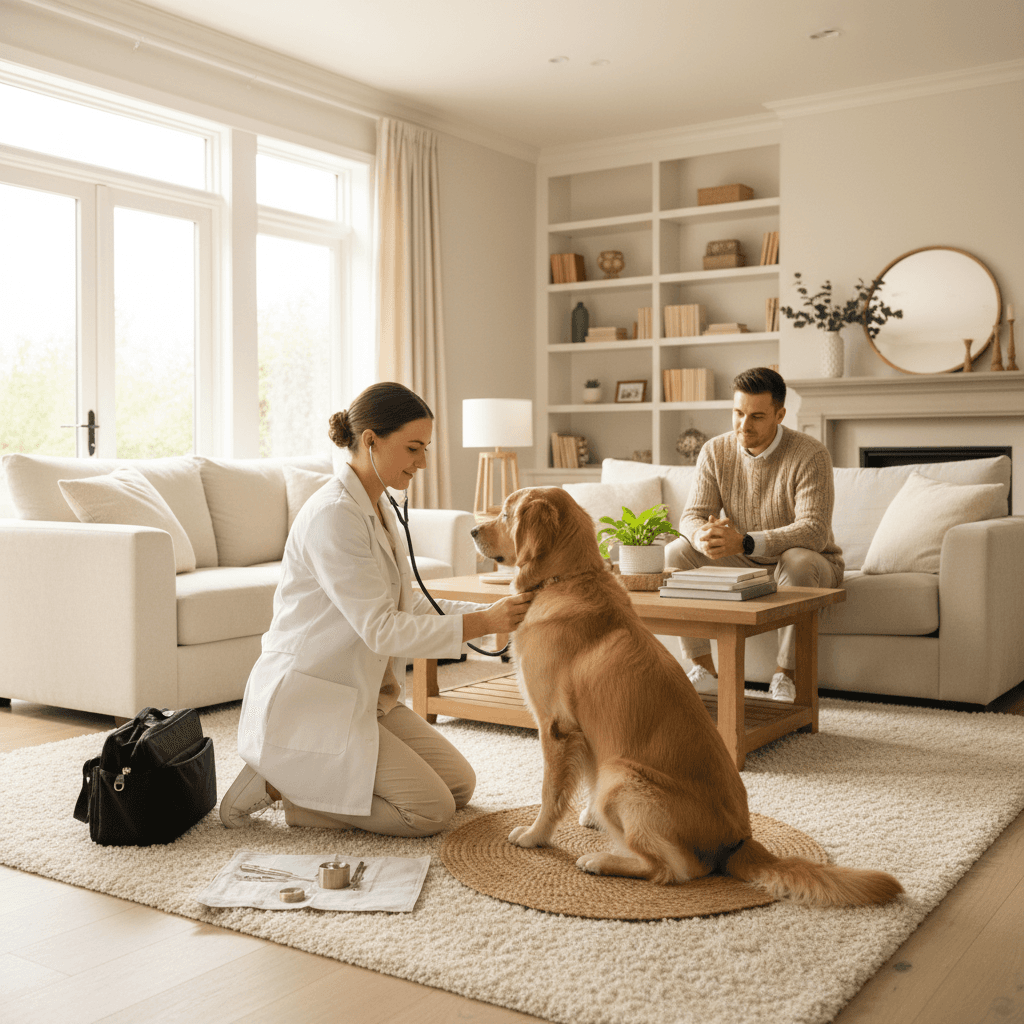 Home wellness exam with dog and owner