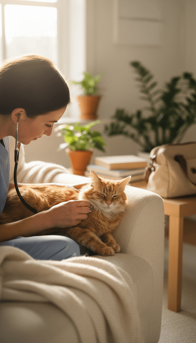 Veterinarian gently examining a calm cat at home with stethoscope