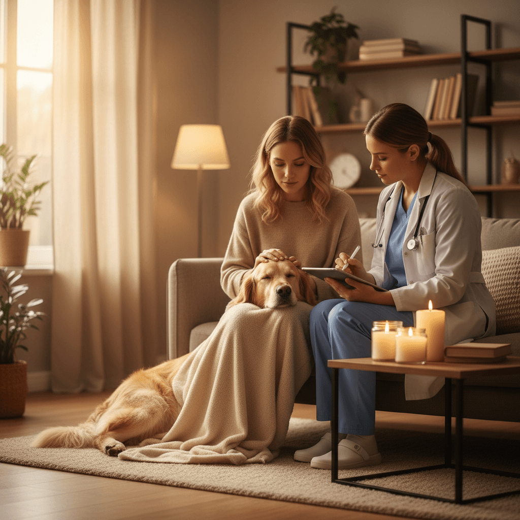Dog receiving home consultation with owner present