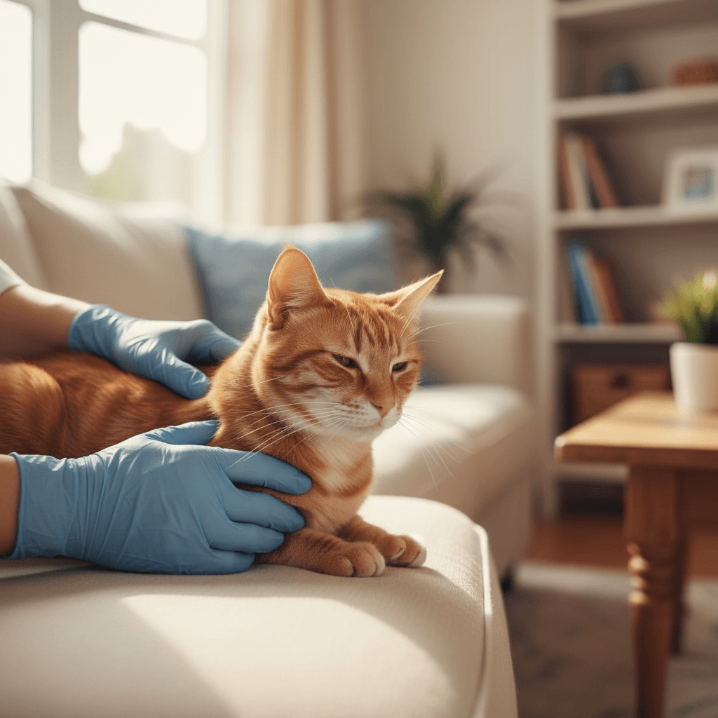 Veterinarian examining a cat at home