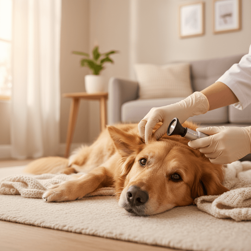 Veterinarian examining dog at home visit