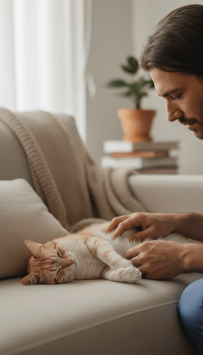 Veterinarian gently examining a relaxed cat during a home visit